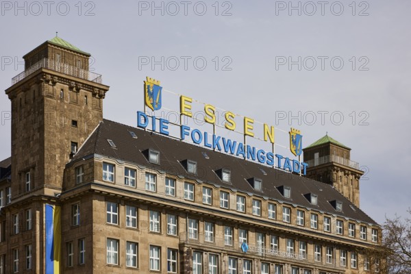 Illuminated sign Essen, The Folkwang City on the roof of the Hotel Handelshof in Essen, Ruhr area,