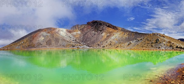 Green sulphurous Emerald Lakes and volcanio Mt Tongariro, Tongariro National Park,