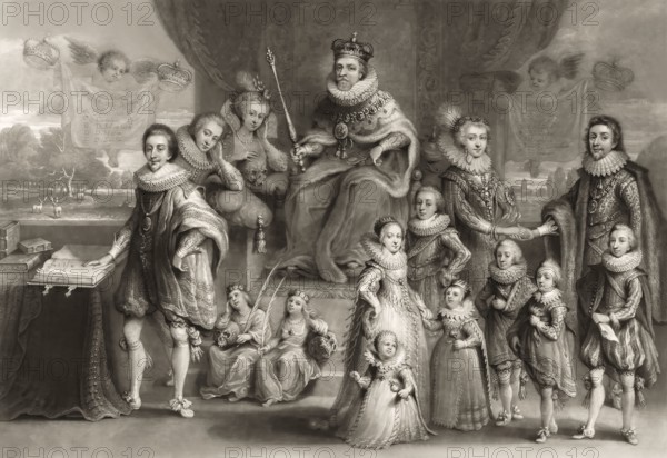 James VI and I, James Charles Stuart, 1566 – 1625, King of England, with his family and his Royal