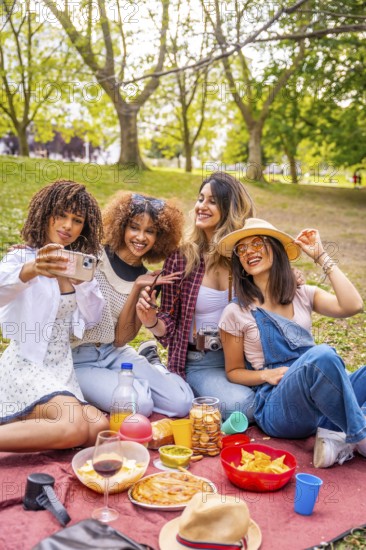Four cheerful young women enjoying a sunny picnic in the park, happily taking a selfie with their