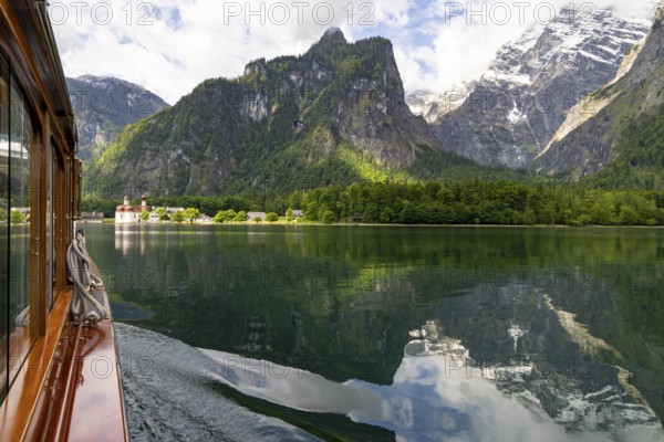 Pilgrimage church St. Bartholomä with Watzmann massif from the excursion boat on the Königssee,