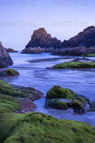 Rocks in Kynance Cove. Evening, blue hour. Long exposure. Kynance Cove, Lizard Peninsula, Cornwall,