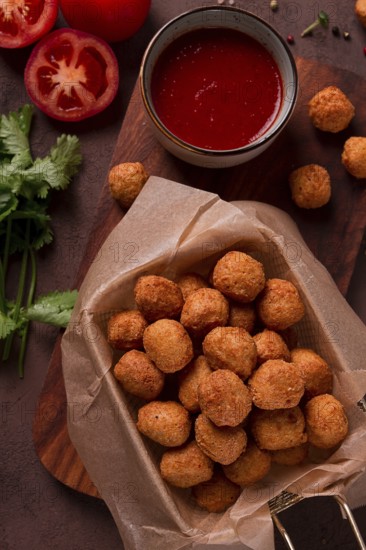 Chicken popcorn, deep fried, nuggets, close-up, rustic, no people