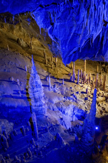 Blue illuminated stalagmites and stalactites in a cave, Devil's Cave Pottenstein, Franconian