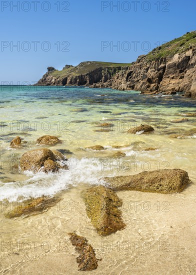 Sandy beach beach and rocks in Nanjizal Bay or Nanjizal Beach. St Just, Penzance, Cornwall,