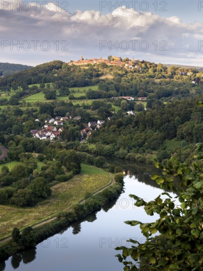 View of the historic Dilsberg castle fortress and the Neckar river in the Neckartal-Odenwald nature