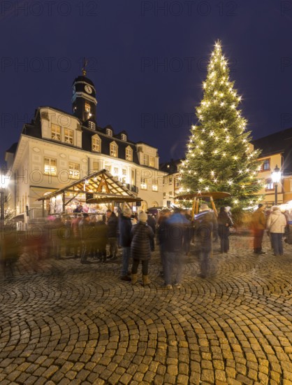 Christmas market in front of the town hall, Christmas tree on the market square Schwarzenberg,