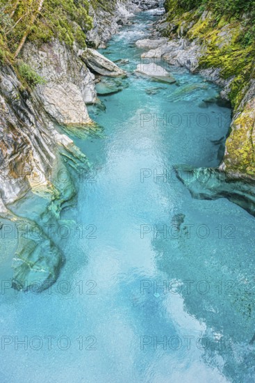 View of the blue pools on the Marokopa River, Haast Pass, Mount Aspiring National Park, Otago