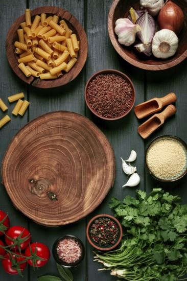 Food concept, wooden chopping board, on a wooden table, with ingredients, spices and herbs, top