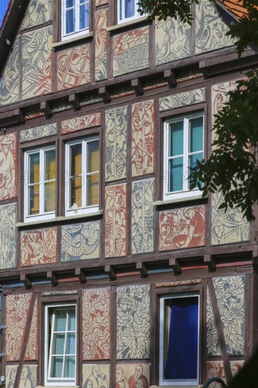 Half-timbered house, former restaurant Tübinger Tor, facade painting, window, Reutlingen,