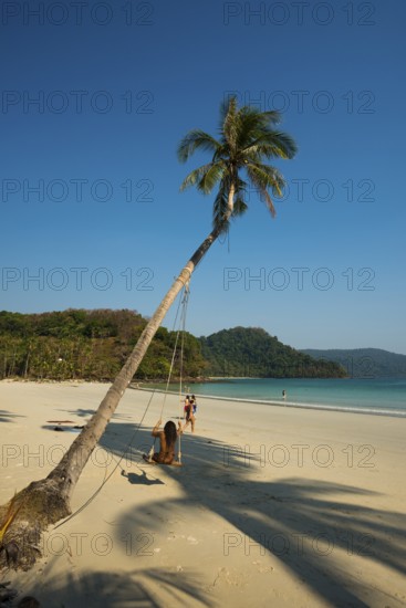 Sandy beach beach with coconut palms, Haad Khlong Hin Beach, Koh Kood, Koh Kut, Gulf of Thailand,