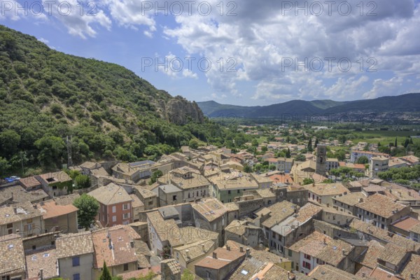 View of the village from the conglomerate rocks Les Pénitents, Les Mées, Alpes-de-Haute-Provence,