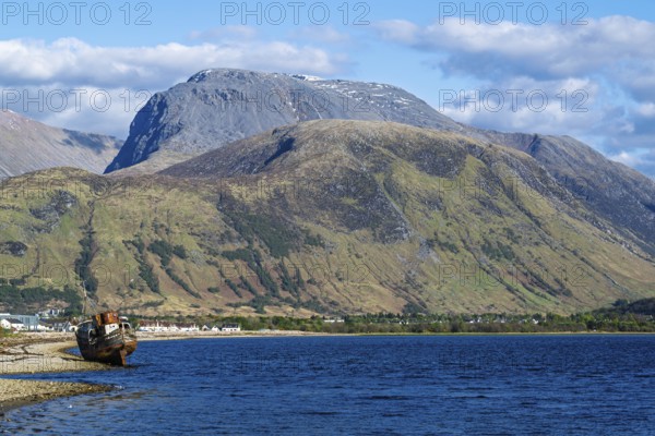 Corpach Wreck or Old Boat of Caol and Nevis Range Mountains, Caol Beach, Corpach, Fort William,