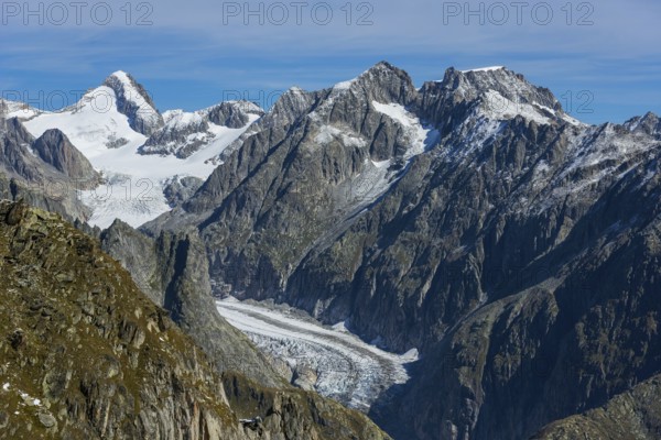View from the Eggishorn to the Fiescher Glacier in the Aletsch Arena, Glacier, Tourism, Travel,