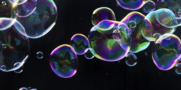Iridescent soap bubbles in the colours of the rainbow against a black background, Recklinghausen,