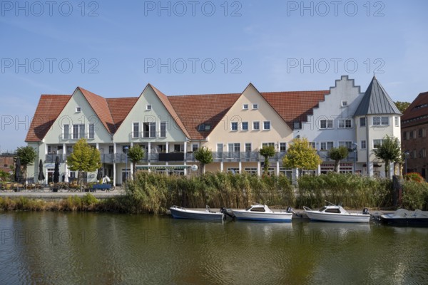 Gabled houses on the castle island, Peenestrom, Wolgast, Usedom Island, Mecklenburg-Western