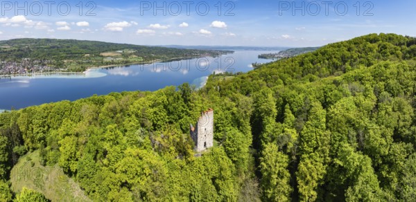 Aerial view, panorama of the Neuburg ruins, historical sight above Lake Constance, Untersee, Lake