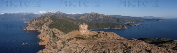 Aerial view, panorama, Genoese tower, stone tower, Torra di Turghju, Capo Rosso, Gulf of Porto,