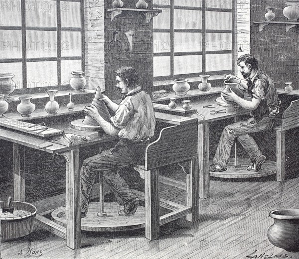 Worker in a porcelain factory around 1850, moulds on the potter's pane, France, digitally enhanced