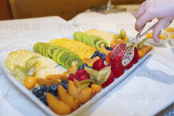 A fruit plate with various fresh fruits, a hand helps itself with tongs, Europäischer Hof,
