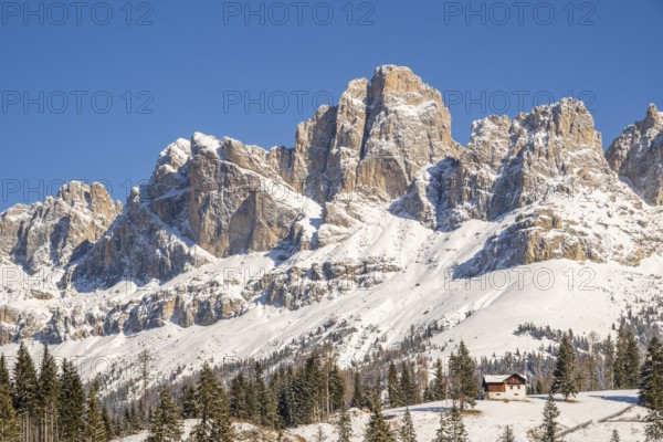 Beautiful landscape of the Mountain silhouettes of the Sexten Dolomites on a sunny winter day,