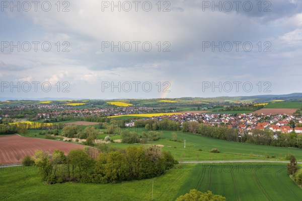Aerial view with rainbow, city view of Duderstadt, in the foreground the district Gerblingerode,