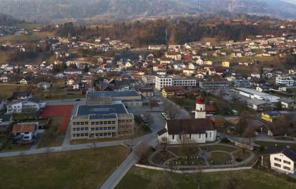 Drone image, residential buildings, settlement area, parish church, Thuringia, Großes Walsertal,