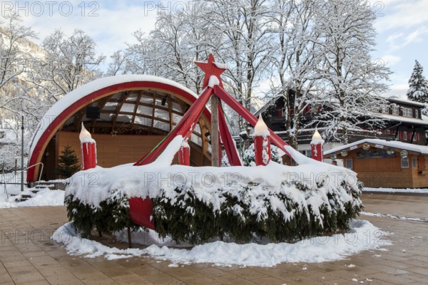 Winter, Advent wreath and open-air stage in front of Oberstdorfhaus, at the spa garden,