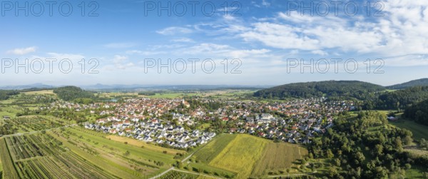 Aerial view, panorama of the municipality of Steißlingen, on the horizon the Hegau mountains,