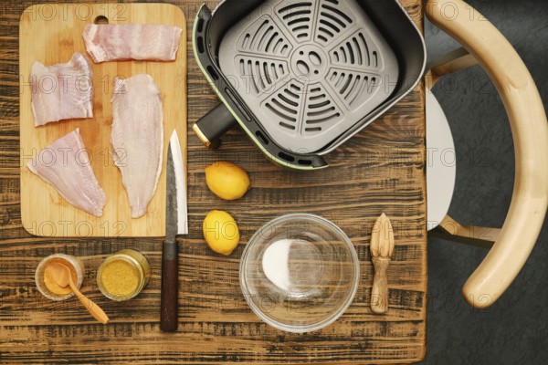 Fish fillets are arranged on a cutting board next to a bowl and spices. Fresh lemons rest nearby,