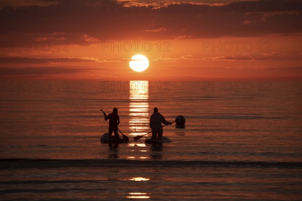 Two people paddling in the calm sea at sunset on stand-up paddle, silhouettes against a bright
