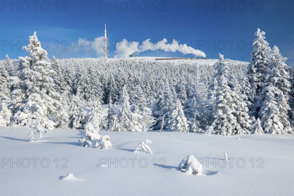 Deep snowy winter landscape with snow-covered spruce forest, view of the Brocken, the Brocken