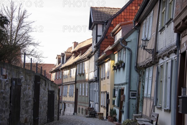 Historic half-timbered houses on the Schlossberg, World Heritage town of Quedlinburg,
