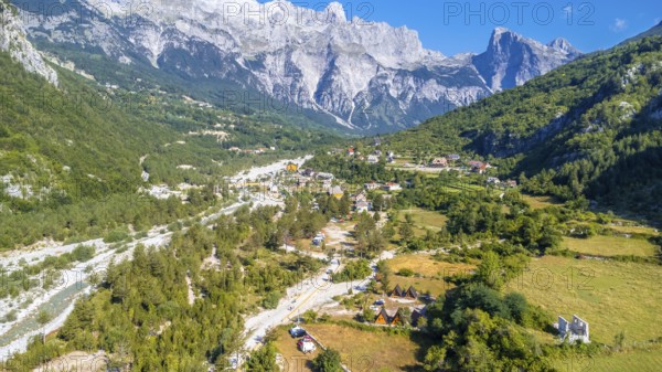 Aerial drone view of the valley of Theth national park, Albania. Albanian Alps