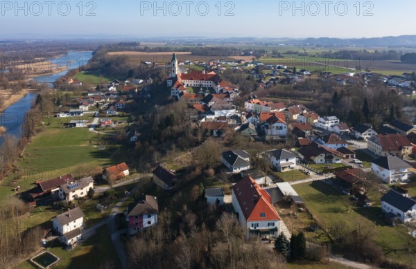 Drone shot, view of the village with Augustinian monastery Reichersberg, Reichersberg, Innviertel.