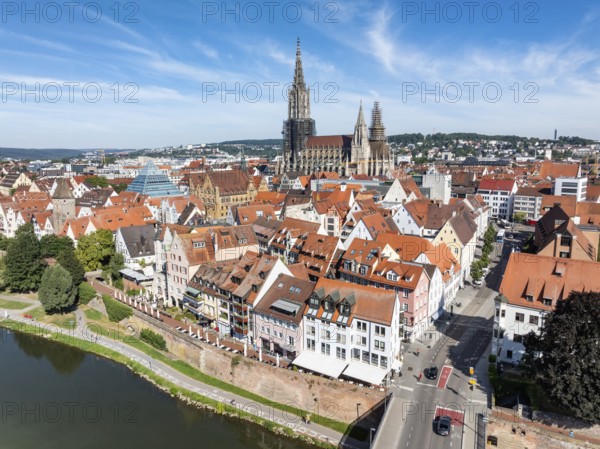 Aerial view of Ulm's historic city centre with the Danube and the cathedral, Ulm,