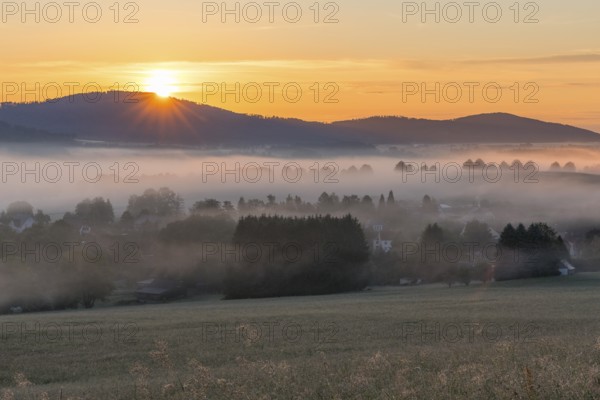 Oberlausitzer Bergland with fog at sunrise, view from Callenberg, Schirgiswalde-Kirschau, Saxony,