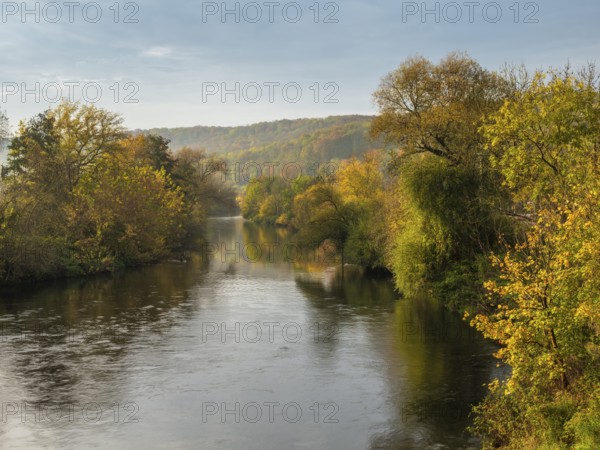The river Saale in the Saale valley not far from Jena in autumn, Dornburg-Camburg, Thuringia,