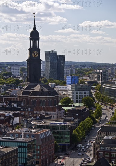 City view from above with the main church St Michaelis, called Michel, and the Dancing Towers,