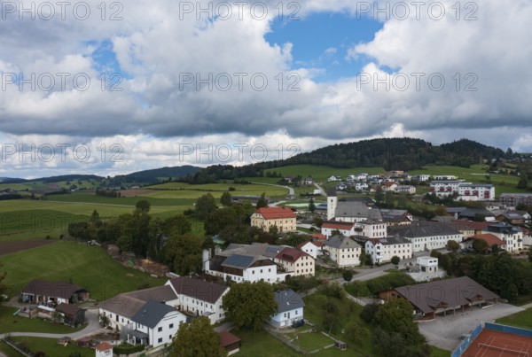 Drone image, view of the village with parish church, Grünbach near Freistadt, Mühlviertel, Upper