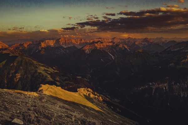 Thaneller summit at sunset in the Lechtal valley in Tyrol with a wonderful view of the surrounding