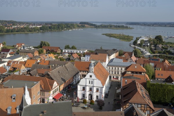 Old town with town hall, Peenestrom in the background, view from the tower of St Peter's Church,