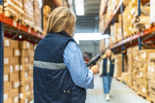 Rear view of an unrecognizable woman using scanner working in a distribution warehouse