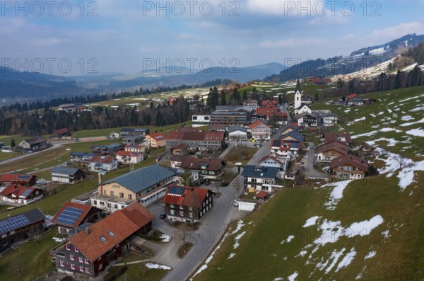 Drone image, residential buildings, settlement area, parish church, Riefensberg, Bregenzerwald,