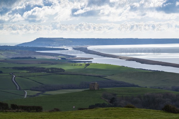 View of St. Catherine's Chapel and Swyre and West Bexington beach from a drone, Abbotsbury,