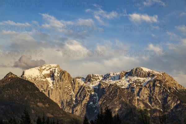 Hoher Göll and hohes Brett in the evening light, clouds in the sky, Schönau am Königssee,