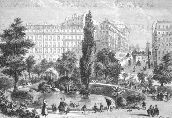 The Square Montholon and the Pont de la rue Vellefond in Paris, 1869, France, Historic, digitally