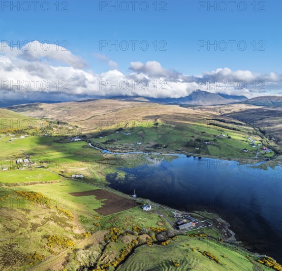 Panorama of Farms and Moors over Loch Harport from a drone, Drynoch, Isle of Skye, Highlands,
