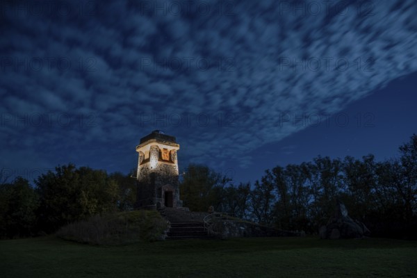 Illuminated Bismarck Tower, Großer Wartberg, cloudy sky, Niederndodeleben, Hohe Börde,
