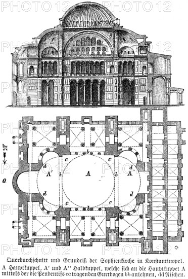 Qur'an section and floor plan of St Sophia's Church in Constantinople, Hagia Sophia in Istanbul,